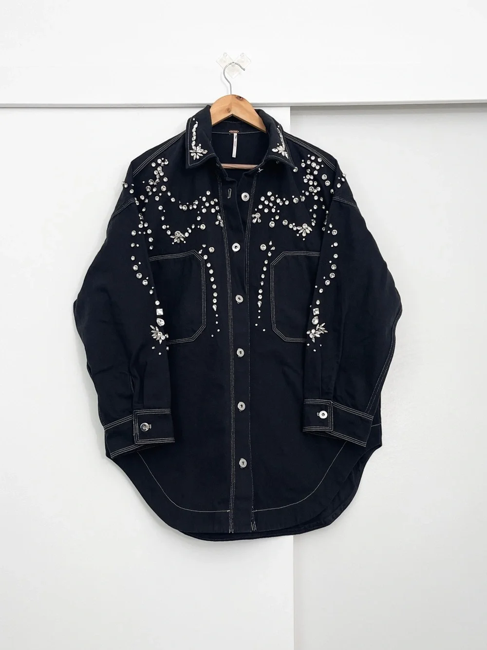 NWT Free People Silver Bells Oversized Embellished Shacket Jacket Size Small